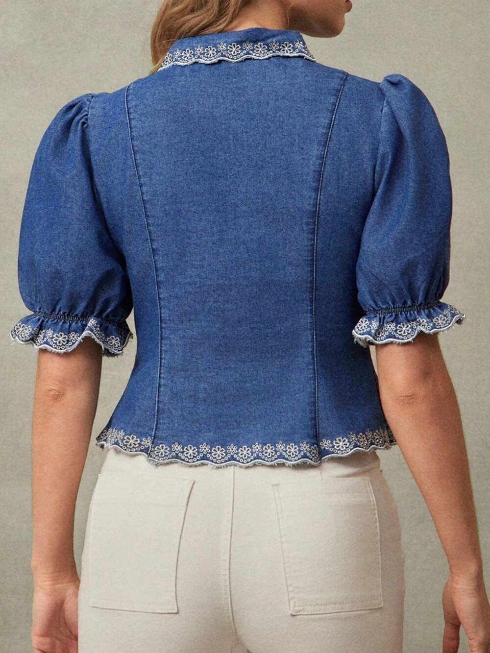 Medium Wash Casual Women's Collared Floral Embroidered Denim Top - Picture 2 of 5